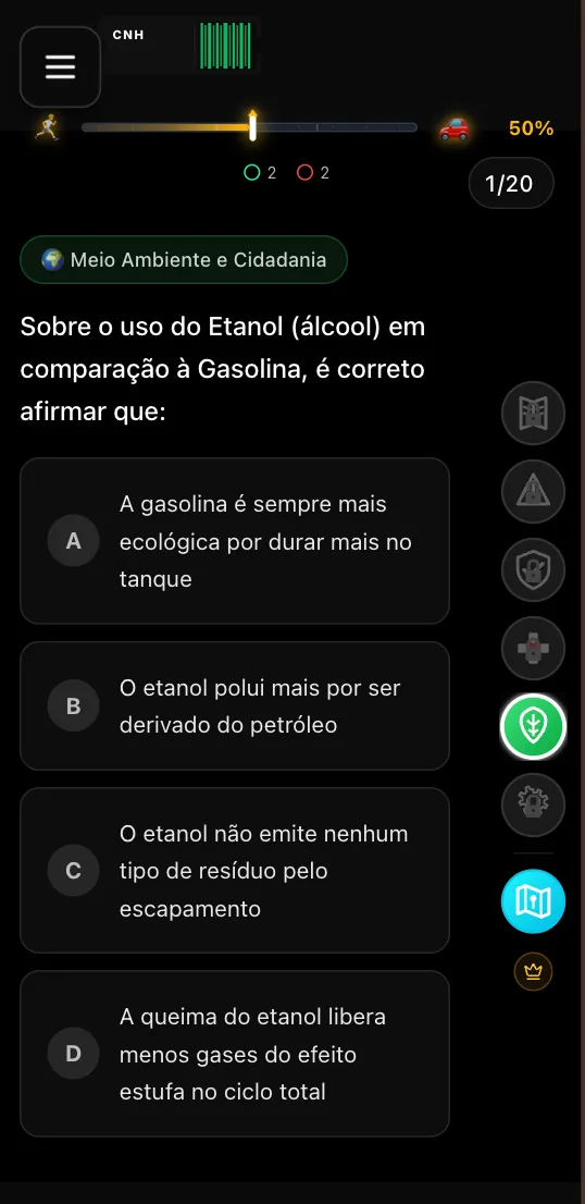 Tela do app CNH Pass: uma questão de Meio Ambiente e Cidadania com quatro alternativas, contador de acertos e erros, e progresso de 1 de 20 questões.
